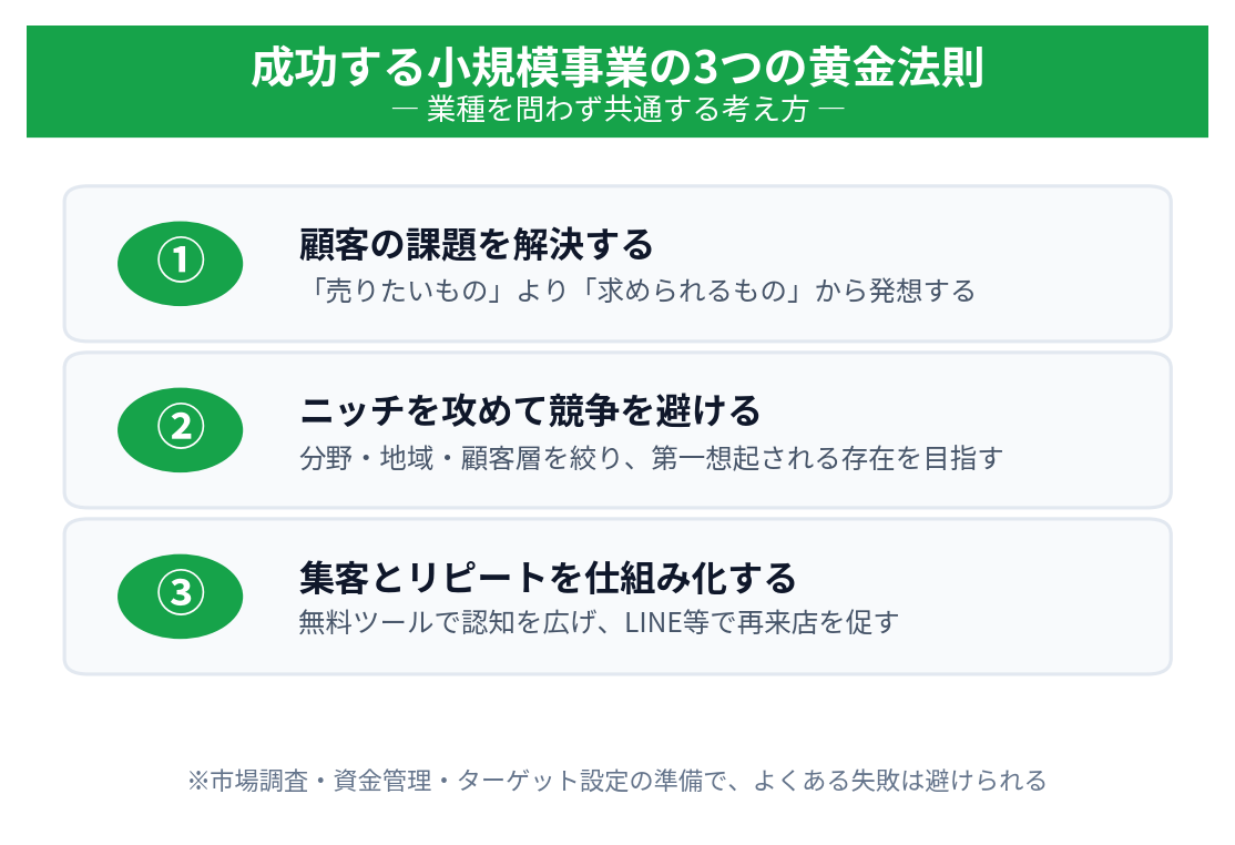 成功する小規模事業の3つの黄金法則（顧客の課題解決・ニッチ集中・仕組み化）の図
