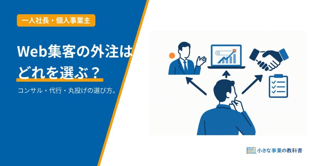 Web集客の外注はどれを選ぶか、コンサル・代行・丸投げの選び方を一人社長向けに解説するアイキャッチ